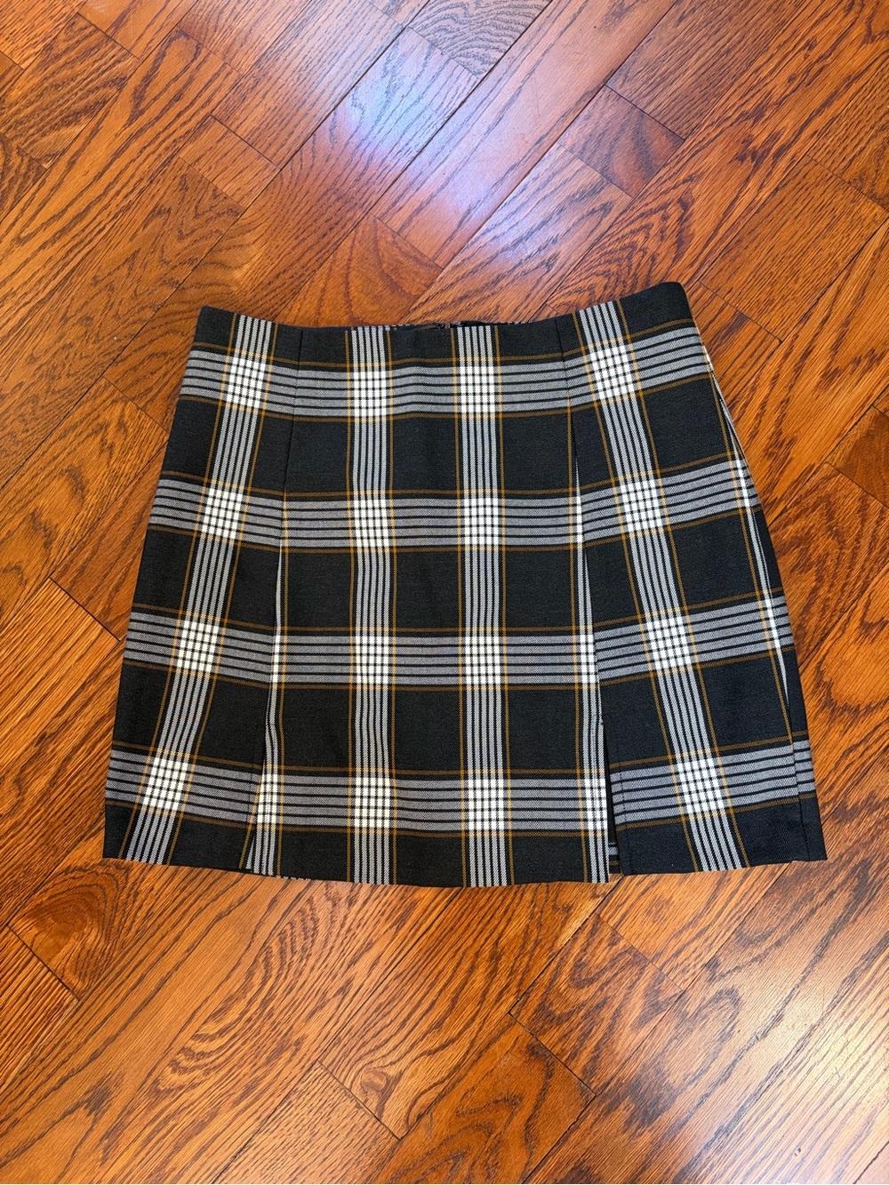 Sunday Best Black Plaid Mini Skirt with White & Tan Stripes